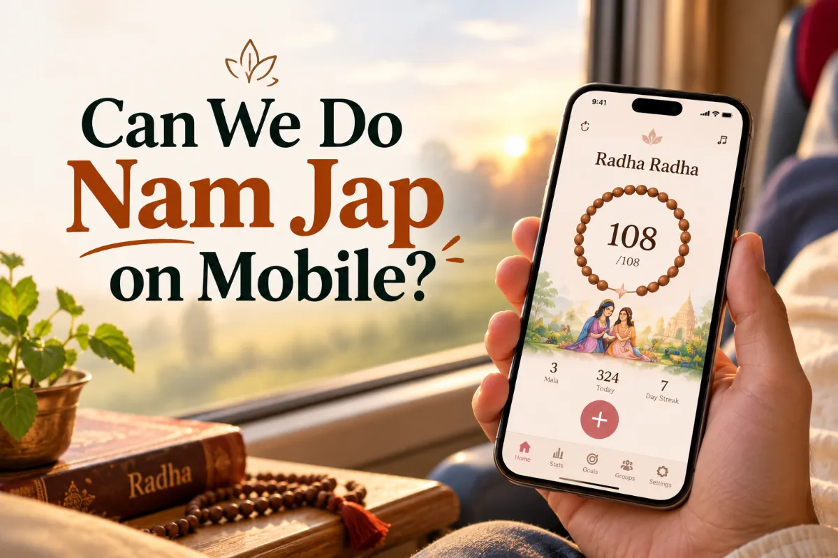 Doing naam jap on mobile: hand holding a phone with a Radha Radha jap counter app at 108, next to a japa mala and tulsi plant by a train window