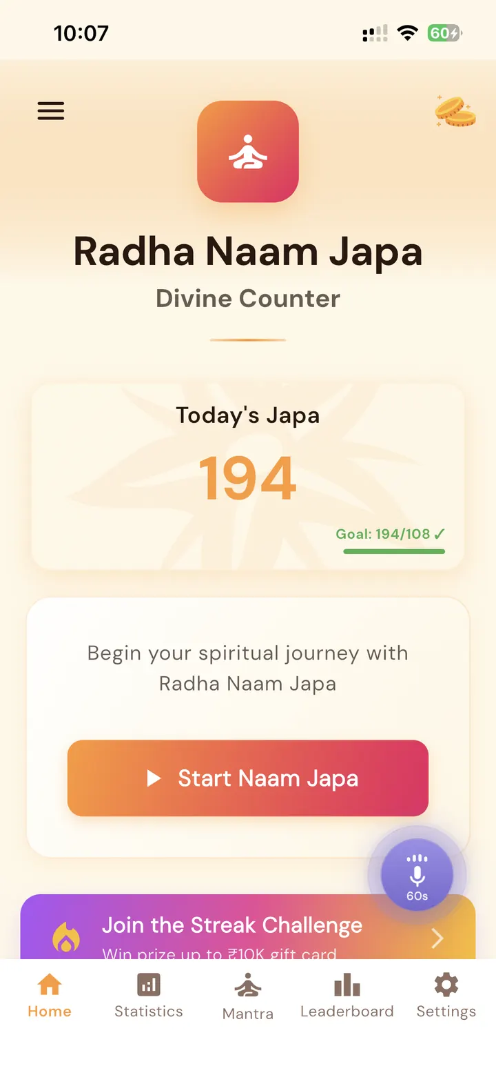 Radha Naam Jap Counter app home screen showing today’s japa count, daily goal, voice counter, and Start Naam Japa button