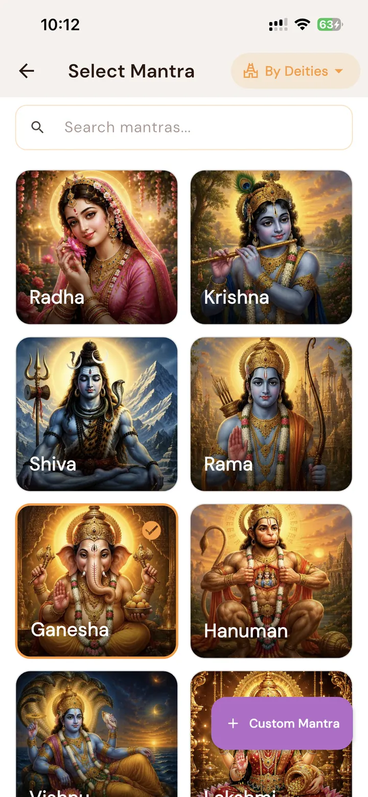 Select Mantra screen with searchable image cards for Radha, Krishna, Shiva, Rama, Ganesha, Hanuman, and a custom mantra option