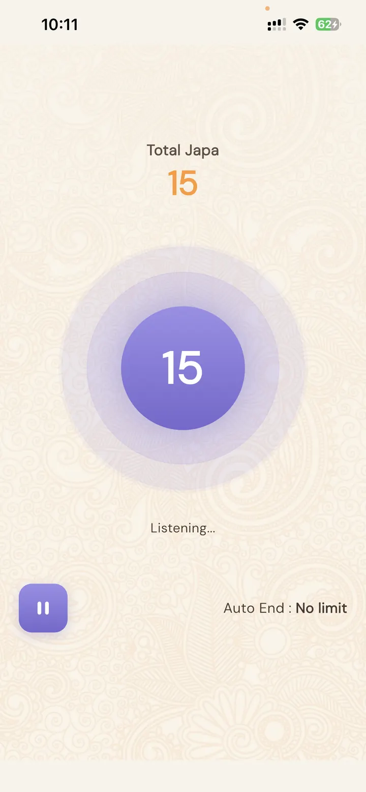 Hands-free voice japa counter listening to chants with a live total of 15, pause control, and optional automatic end limit