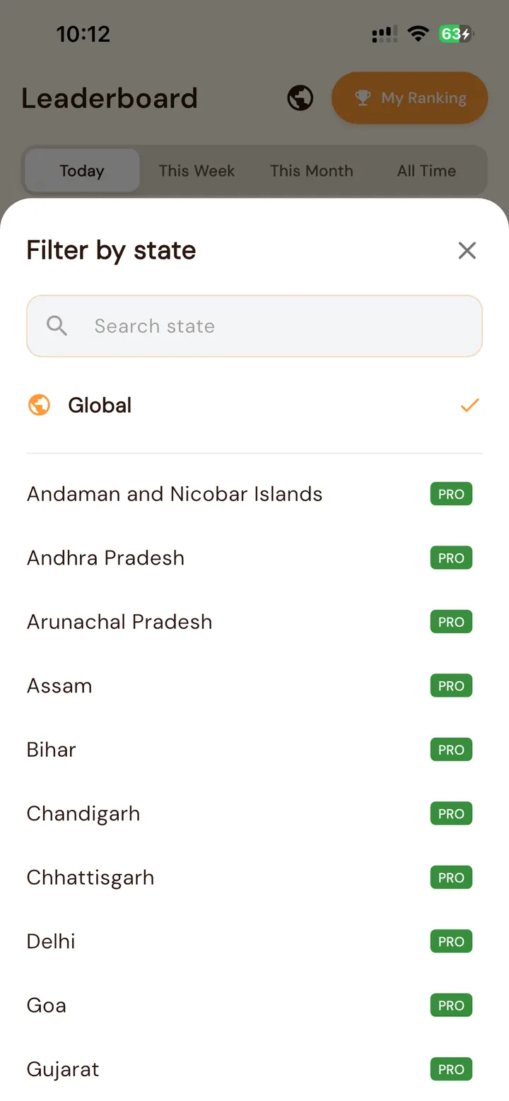 Leaderboard state filter with search, global selection, and Indian states including Andhra Pradesh, Assam, Bihar, Delhi, Goa, and Gujarat