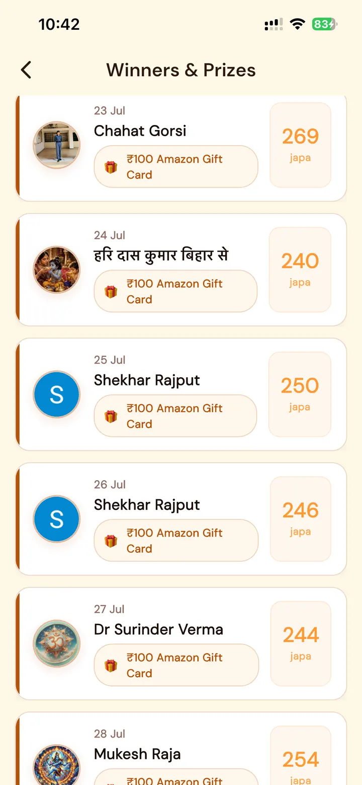 One Minute Japa Challenge winners screen showing daily winners, their japa counts, and ₹100 Amazon Gift Card prizes