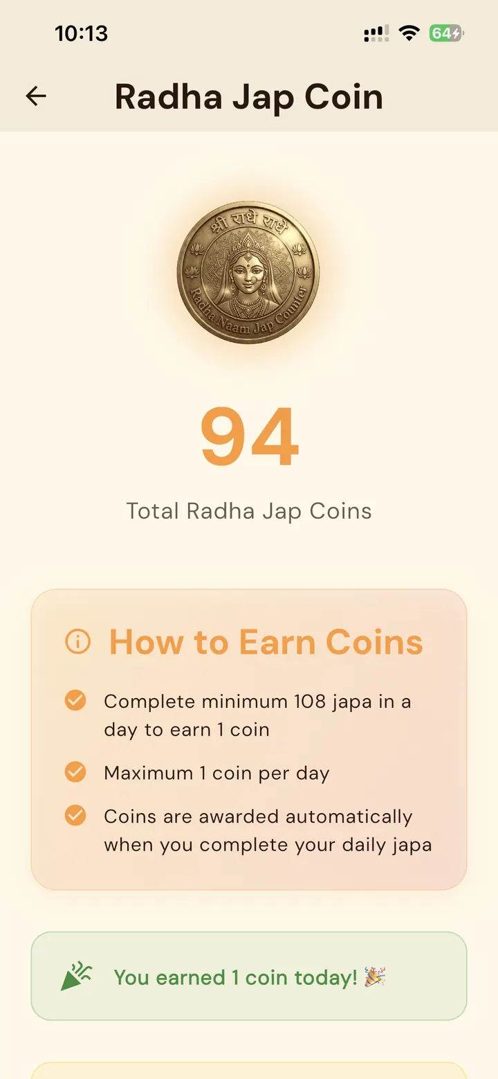 Radha Jap Coin rewards screen showing 94 coins and instructions to earn one coin by completing at least 108 daily japa