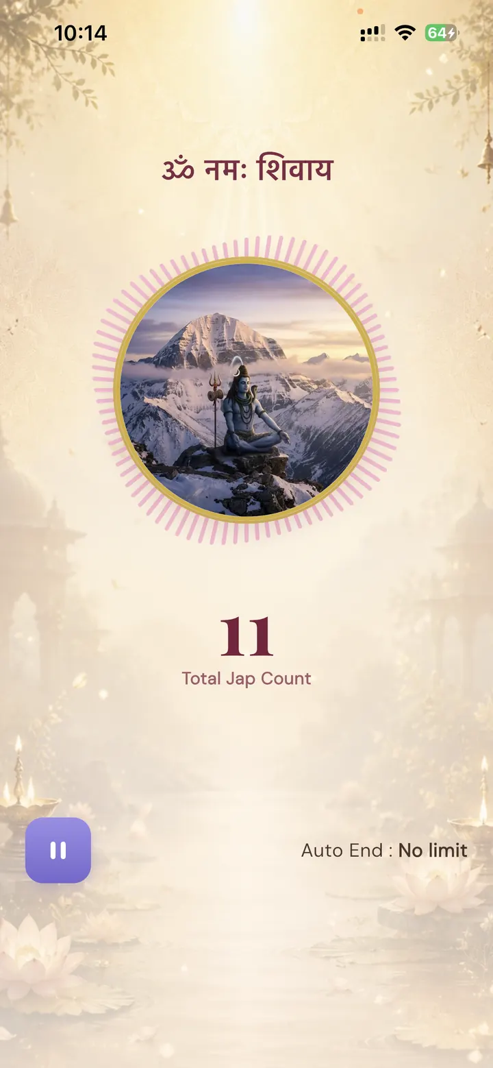 Om Namah Shivaya themed japa counter with Lord Shiva at Mount Kailash, animated progress ring, total count, and pause control