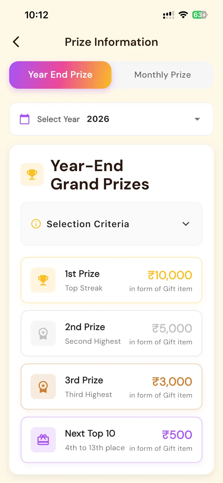2026 year-end streak challenge prize screen listing ₹10,000 first prize, ₹5,000 second prize, ₹3,000 third prize, and top-ten rewards